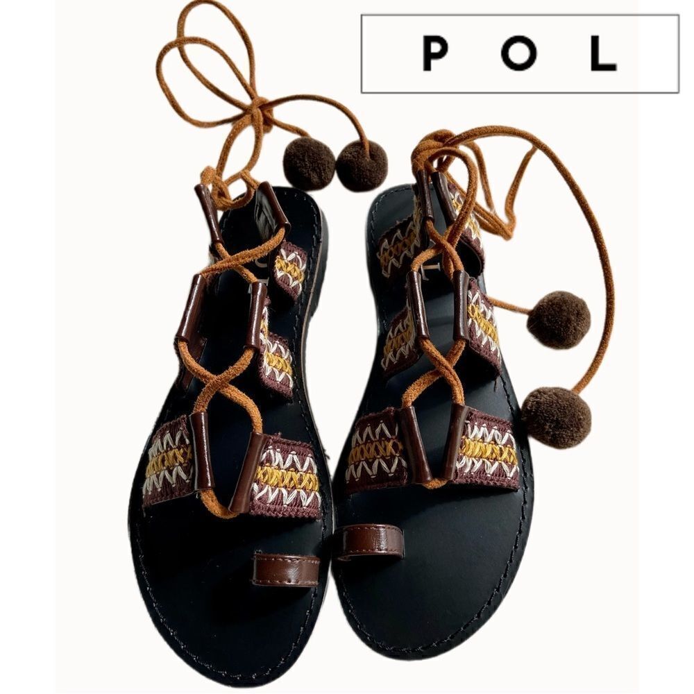 NIB POL Boho Embroidered Toe Loop Brown & Tan Lace-Up with Pom Poms Sandals